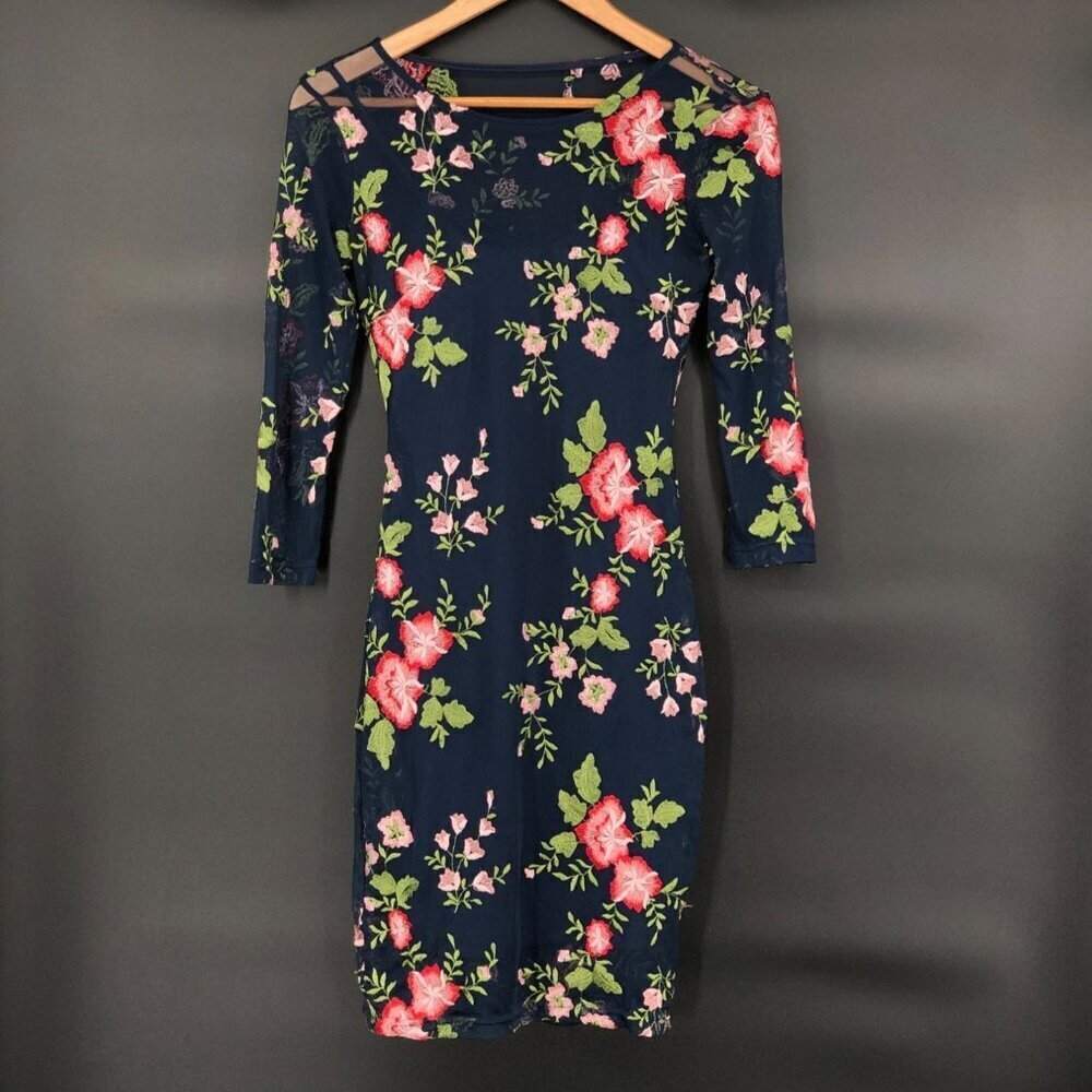 Lulus Mesh Embroidered Floral Bodycon Dress XS Navy 3/4 Sleeves Wedding Guest
